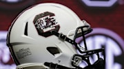 Jul 19, 2022; Atlanta, GA, USA; The South Carolina helmet on the stage during SEC Media Days at the College Football Hall of Fame. Mandatory Credit: Dale Zanine-Imagn Images