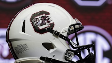Jul 19, 2022; Atlanta, GA, USA; The South Carolina helmet on the stage during SEC Media Days at the College Football Hall of Fame. Mandatory Credit: Dale Zanine-Imagn Images