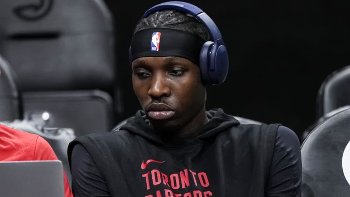 Jan 28, 2024; Atlanta, Georgia, USA; Toronto Raptors forward Chris Boucher (25) on the bench prior to the game against the Atlanta Hawks at State Farm Arena. Mandatory Credit: Dale Zanine-USA TODAY Sports