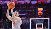 Feb 2, 2025; Champaign, Illinois, USA; Illinois Fighting Illini center Tomislav Ivisic (13) shoots the ball during the first half against the Ohio State Buckeyes at State Farm Center. Mandatory Credit: Ron Johnson-Imagn Images