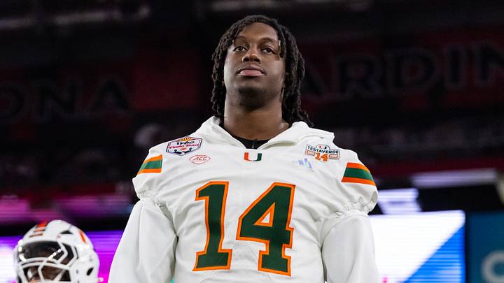 Jan 8, 2026; Glendale, AZ, USA; Miami Hurricanes defensive lineman Hayden Lowe (14) against the Mississippi Rebels during the 2026 Fiesta Bowl and semifinal game of the College Football Playoff at State Farm Stadium. Mandatory Credit: Mark J. Rebilas-Imagn Images