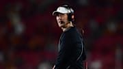 Sep 20, 2025; Los Angeles, California, USA; Southern California Trojans head coach Lincoln Riley watches game action against the Michigan State Spartans during the second half at the Los Angeles Memorial Coliseum. 