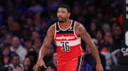 Mar 22, 2025; New York, New York, USA; Washington Wizards guard Marcus Smart (36) reacts after a basket against the New York Knicks during the second half at Madison Square Garden. Mandatory Credit: Vincent Carchietta-Imagn Images