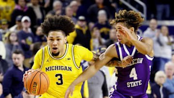 Nov 21, 2024; Ann Arbor, Michigan, USA;  Michigan Wolverines guard Tre Donaldson (3) dribbles on Tarleton Texans guard Jordan Mizell (4) in the first half at Crisler Center. Mandatory Credit: Rick Osentoski-Imagn Images