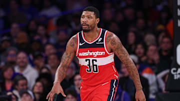 Mar 22, 2025; New York, New York, USA; Washington Wizards guard Marcus Smart (36) reacts after a basket against the New York Knicks during the second half at Madison Square Garden. Mandatory Credit: Vincent Carchietta-Imagn Images