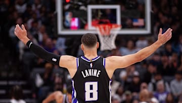 Mar 7, 2025; Sacramento, California, USA; Sacramento Kings guard Zach LaVine (8) reacts after a team mate scored against the San Antonio Spurs during the fourth quarter at Golden 1 Center. Mandatory Credit: Ed Szczepanski-Imagn Images