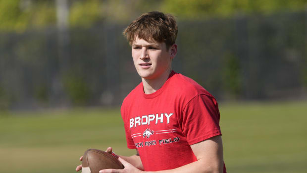 Brophy quarterback Case Vanden Bosch performs a drill during spring practice on April 24, 2023.