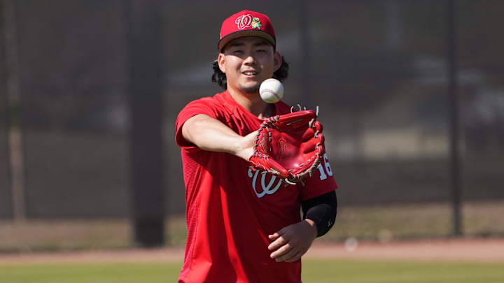 Feb 13, 2026; West Palm Beach, FL, USA;  Washington Nationals pitcher Shinnosuke Ogasawara (16) warms-up during spring practice. Mandatory Credit: Jim Rassol-Imagn Images