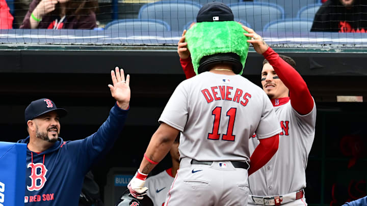 Boston Red Sox left fielder Jarren Duranputs a Wally the Green Monster head on Rafael Devers after a home run earlier this season. Boston Red Sox left fielder Jarren Duranputs a Wally the Green Monster head on Rafael Devers after a home run earlier this season.