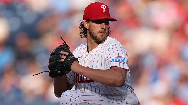 Aug 19, 2026; Philadelphia, Pennsylvania, USA; Philadelphia Phillies pitcher Aaron Nola (27) throws a pitch against the Miami Marlins during the first inning at Citizens Bank Park. Mandatory Credit: Bill Streicher-Imagn Images