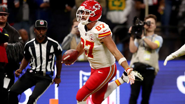 [US, Mexico & Canada customers only] Sep 5, 2025; Sao Paulo, BRAZIL; Kansas City Chiefs tight end Travis Kelce (87) celebrates scoring a touchdown against the Los Angeles Chargers in the second half during a NFL game at Corinthians Arena. Mandatory Credit: Jean Carniel/Reuters via Imagn Images