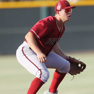 Diamondbacks prospect Tommy Troy practices at Salt River Fields in Scottsdale on July 28, 2023.