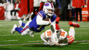 Buffalo Bills quarterback Josh Allen (17) dives for a first down ahead of Kansas City Chiefs