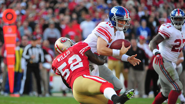 November 13, 2011; San Francisco, CA, USA; San Francisco 49ers inside linebacker Patrick Willis (52) sacks New York Giants quarterback Eli Manning (10) during the third quarter at Candlestick Park. The 49ers defeated the Giants 27-20. Mandatory Credit: Kyle Terada-Imagn Images November 13, 2011; San Francisco, CA, USA; San Francisco 49ers inside linebacker Patrick Willis (52) sacks New York Giants quarterback Eli Manning (10) during the third quarter at Candlestick Park. The 49ers defeated the Giants 27-20. Mandatory Credit: Kyle Terada-Imagn Images