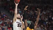 March 9, 2020; Las Vegas, NV, USA; Gonzaga Bulldogs forward Killian Tillie (33) shoots the basketball giants San Francisco Dons guard Charles Minlend (14) during the first half during the semifinal game in the WCC Basketball Championships at Orleans Arena