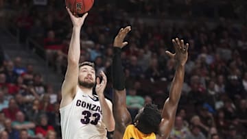 March 9, 2020; Las Vegas, NV, USA; Gonzaga Bulldogs forward Killian Tillie (33) shoots the basketball giants San Francisco Dons guard Charles Minlend (14) during the first half during the semifinal game in the WCC Basketball Championships at Orleans Arena