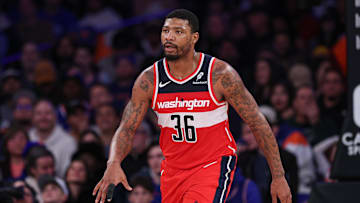 Mar 22, 2025; New York, New York, USA; Washington Wizards guard Marcus Smart (36) reacts after a basket against the New York Knicks during the second half at Madison Square Garden. Mandatory Credit: Vincent Carchietta-Imagn Images