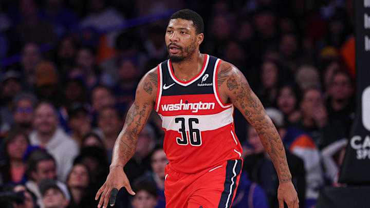 Mar 22, 2025; New York, New York, USA; Washington Wizards guard Marcus Smart (36) reacts after a basket against the New York Knicks during the second half at Madison Square Garden. Mandatory Credit: Vincent Carchietta-Imagn Images