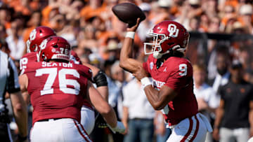 Oklahoma Sooners quarterback Michael Hawkins Jr. (9) throws a pass during the Red River Rivalry college football game between the University of Oklahoma Sooners (OU) and the Texas Longhorns at the Cotton Bowl in Dallas, Saturday, Oct. 12, 2024. Texas one 34-3.
