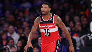Mar 22, 2025; New York, New York, USA; Washington Wizards guard Marcus Smart (36) reacts after a basket against the New York Knicks during the second half at Madison Square Garden. Mandatory Credit: Vincent Carchietta-Imagn Images