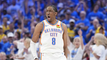 Jun 16, 2025; Oklahoma City, Oklahoma, USA; Oklahoma City Thunder forward Jalen Williams (8) reacts during the fourth quarter of game five of the 2025 NBA Finals against the Indiana Pacers at Paycom Center. Mandatory Credit: Kyle Terada-Imagn Images