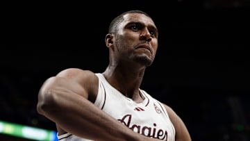 Texas A&M Aggies forward Henry Coleman III (15) reacts during their second round game of the SEC Men's Basketball Tournament at Bridgestone Arena in Nashville, Tenn., Thursday, March 13, 2025.
