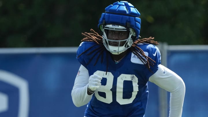 Indianapolis Colts tight end Jelani Woods (80) runs during training camp Tuesday, July 30, 2024, at Grand Park Sports Complex in Westfield.