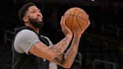 Nov 28, 2025; Los Angeles, California, USA;  Dallas Mavericks forward Anthony Davis (3) warms up prior to the game against the Los Angeles Lakers at Crypto.com Arena. Mandatory Credit: Jayne Kamin-Oncea-Imagn Images