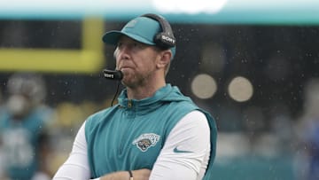 Dec 7, 2025; Jacksonville, Florida, USA;  Jacksonville Jaguars head coach Liam Coen stands on the field during the first half against the Indianapolis Colts at EverBank Stadium. Mandatory Credit: Travis Register-Imagn Images