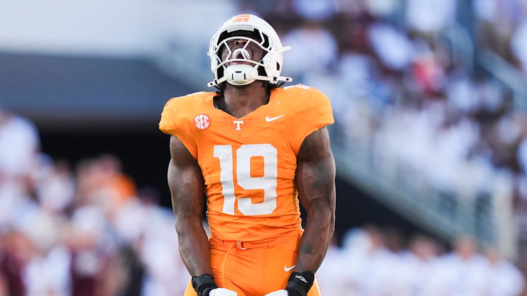 Tennessee defensive lineman Joshua Josephs (19) celebrates during a college football game between Tennessee and Mississippi State at Davis Wade Stadium in Starkville, Miss., on Sept. 27, 2025.