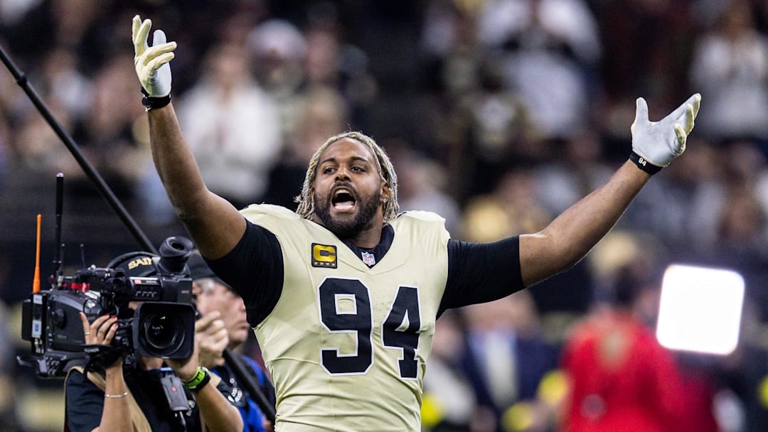 Dec 21, 2025; New Orleans, Louisiana, USA;  New Orleans Saints defensive end Cameron Jordan (94) during the run outs before the game against the New York Jets at Caesars Superdome. Mandatory Credit: Stephen Lew-Imagn Images