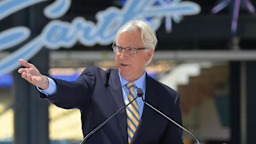 Jun 18, 2022; Los Angeles, CA, USA;  Sandy Koufax listens as Mark Walter, Owner and Chairman, Los Angeles Dodgers speaks during the unveiling ceremony of a brand new Koufax commemorative statue at the Centerfield Plaza at Dodger Stadium.