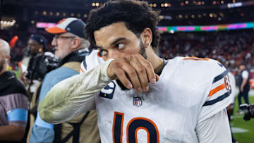 Chicago Bears quarterback Caleb Williams (18) reacts following the game against the Arizona Cardinals at State Farm Stadium.