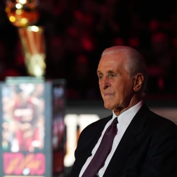 Jan 19, 2024; Miami, Florida, USA; Miami Heat president Pat Riley sits on the court for the jersey retirement ceremony for former player Udonis Haslem during halftime of the game between the Miami Heat and the Atlanta Hawks Kaseya Center. Mandatory Credit: Jasen Vinlove-USA TODAY Sports