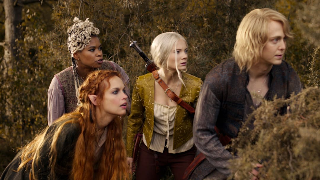 Iskra (Aggy K. Adams), Mistle (Christelle Elwin), Ciri (Freya Allan), and Kayleigh (Fabian McCallum) in The Witcher season 4. Image courtesy of Netflix. Iskra (Aggy K. Adams), Mistle (Christelle Elwin), Ciri (Freya Allan), and Kayleigh (Fabian McCallum) in The Witcher season 4. Image courtesy of Netflix.