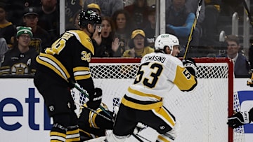 Nov 29, 2024; Boston, Massachusetts, USA; Pittsburgh Penguins center Philip Tomasino (53) celebrates after scoring the winning goal on Boston Bruins goaltender Jeremy Swayman (1) during the third period at TD Garden. Mandatory Credit: Winslow Townson-Imagn Images