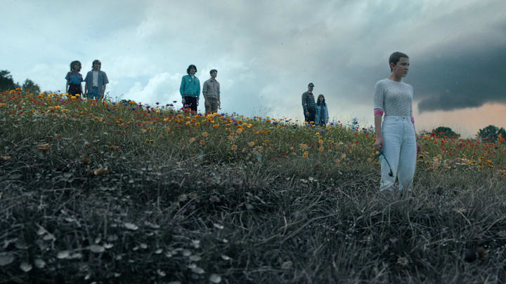 STRANGER THINGS. (L to R) Natalia Dyer as Nancy Wheeler, Charlie Heaton as Jonathan Byers, Finn Wolfhard as Mike Wheeler, Noah Schnapp as Will Byers, David Harbour as Jim Hopper, Winona Ryder as Joyce Byers, and Millie Bobby Brown as Eleven in STRANGER THINGS. Cr. Courtesy of Netflix © 2022