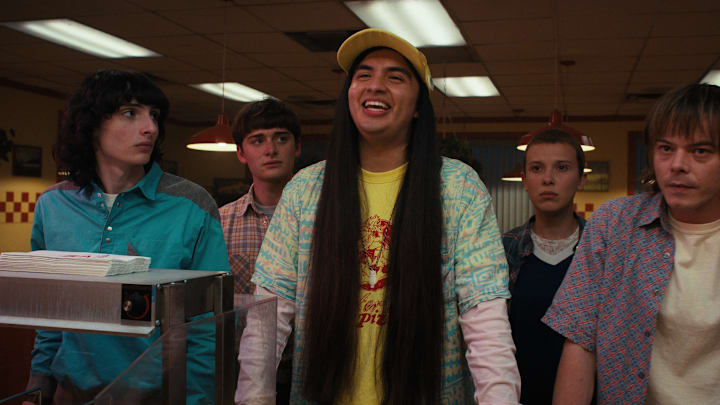 STRANGER THINGS. (L to R) Finn Wolfhard as Mike Wheeler, Noah Schnapp as Will Byers, Eduardo Franco as Argyle, Millie Bobby Brown as Eleven, and Charlie Heaton as Jonathan Byers in STRANGER THINGS. Cr. Courtesy of Netflix © 2022