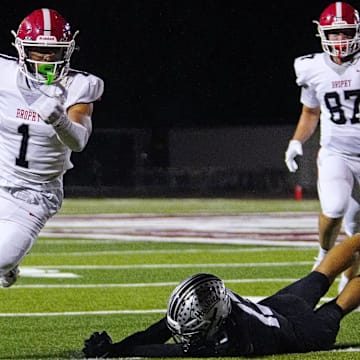 Brophy wide receiver breaks a Hamilton tackle for a first down during a game at Hamilton High School in Chandler, on Sept. 19, 2025.