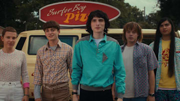 STRANGER THINGS. (L to R) Millie Bobby Brown as Eleven, Noah Schnapp as Will Byers, Finn Wolfhard as Mike Wheeler, Charlie Heaton as Jonathan Byers, and Eduardo Franco as Argyle in STRANGER THINGS. Cr. Courtesy of Netflix © 2022