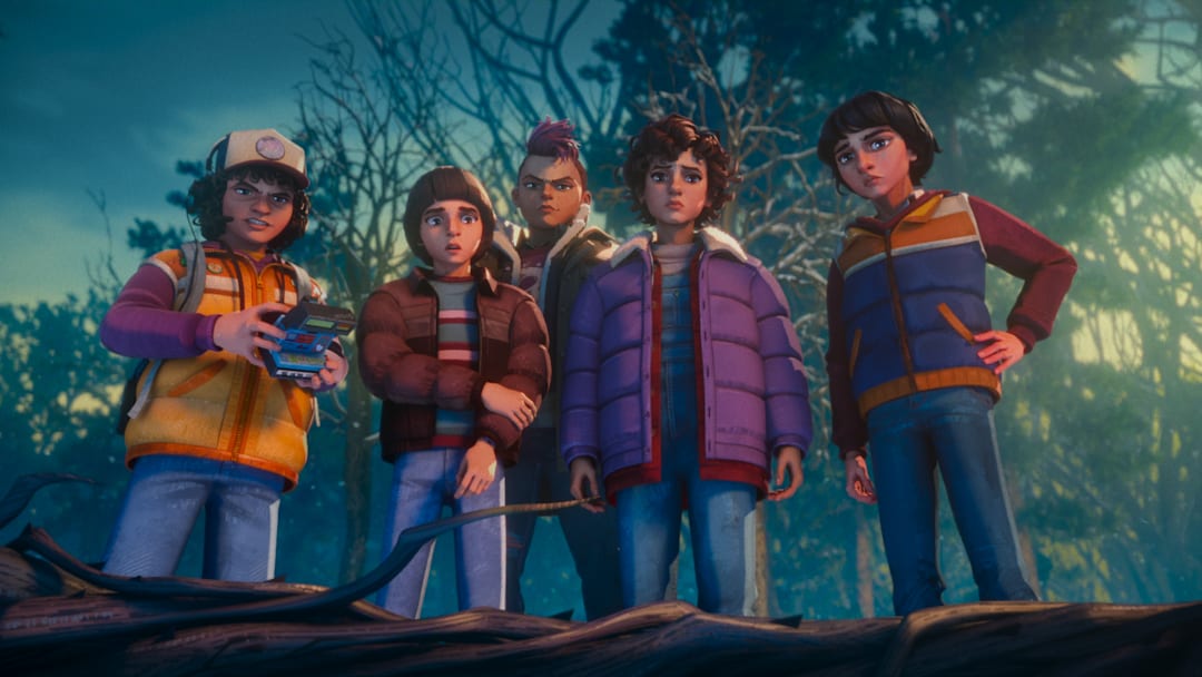Stranger Things: Tales From '85 (L to R) Braxton Quinney as Dustin, Benjamin Plessala as Will, Brooklyn Davey Norstedt as Eleven and Luca Diaz as Mike in Stranger Things: Tales From '85 Stranger Things: Tales From '85 (L to R) Braxton Quinney as Dustin, Benjamin Plessala as Will, Brooklyn Davey Norstedt as Eleven and Luca Diaz as Mike in Stranger Things: Tales From '85