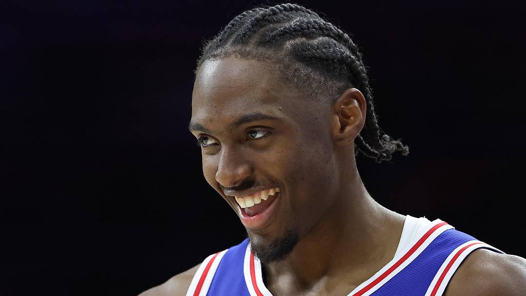 Philadelphia 76ers guard Tyrese Maxey (0) reacts during the third quarter against the Chicago Bulls at Wells Fargo Center on February 24, 2025. Philadelphia 76ers guard Tyrese Maxey (0) reacts during the third quarter against the Chicago Bulls at Wells Fargo Center on February 24, 2025.