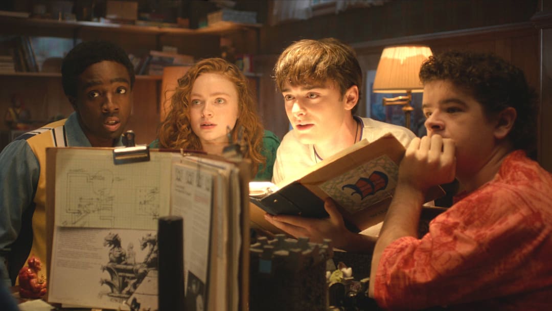 Finn Wolfhard as Mike Wheeler, Caleb McLaughlin as Lucas Sinclair, Sadie Sink as Max Mayfield, Noah Schnapp as Will Byers, and Gaten Matarazzo as Dustin Henderson in Stranger Things: Season 5.