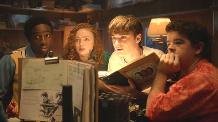 Finn Wolfhard as Mike Wheeler, Caleb McLaughlin as Lucas Sinclair, Sadie Sink as Max Mayfield, Noah Schnapp as Will Byers, and Gaten Matarazzo as Dustin Henderson in Stranger Things: Season 5. Cr. Courtesy of Netflix/Netflix © 2025