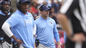 Sep 28, 2025; Houston, Texas, USA; Tennessee Titans head coach Brian Callahan looks on from the sideline during the fourth quarter against the Houston Texans at NRG Stadium. Mandatory Credit: Troy Taormina-Imagn Images