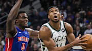 Nov 13, 2024; Milwaukee, Wisconsin, USA;  Milwaukee Bucks forward Giannis Antetokounmpo (34) drives for the basket during the first quarter against the Detroit Pistons at Fiserv Forum. Mandatory Credit: Jeff Hanisch-Imagn Images
