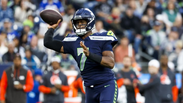 Aug 24, 2024; Seattle, Washington, USA; Seattle Seahawks quarterback Geno Smith (7) passes against the Cleveland Browns during the first quarter at Lumen Field. Mandatory Credit: Joe Nicholson-USA TODAY Sports