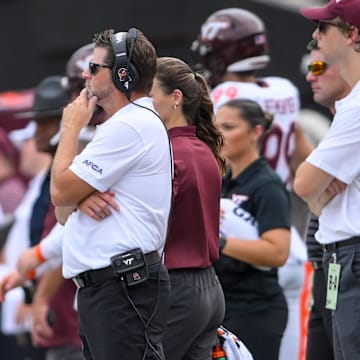 Aug 31, 2024; Nashville, Tennessee, USA;  Virginia Tech Hokies head coach Brent Pry looks on against the Vanderbilt Commodores during the first half at FirstBank Stadium. Mandatory Credit: Steve Roberts-Imagn Images