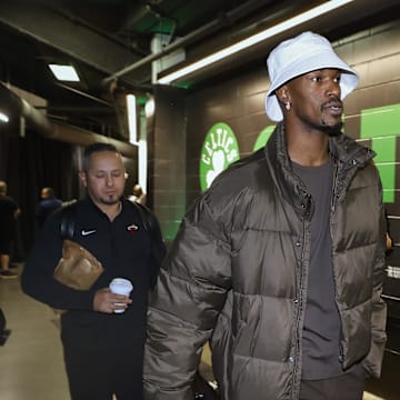 Oct 27, 2023; Boston, Massachusetts, USA; Miami Heat forward Jimmy Butler (22) arrives before their game against the Boston Celtics at TD Garden. Mandatory Credit: Winslow Townson-USA TODAY Sports