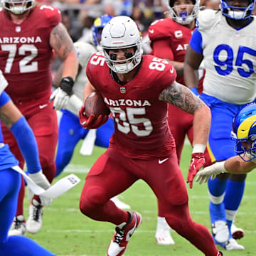 Cardinals TE Trey McBride (85) finished last season with 111 catches and nearly 250 fantasy points. 